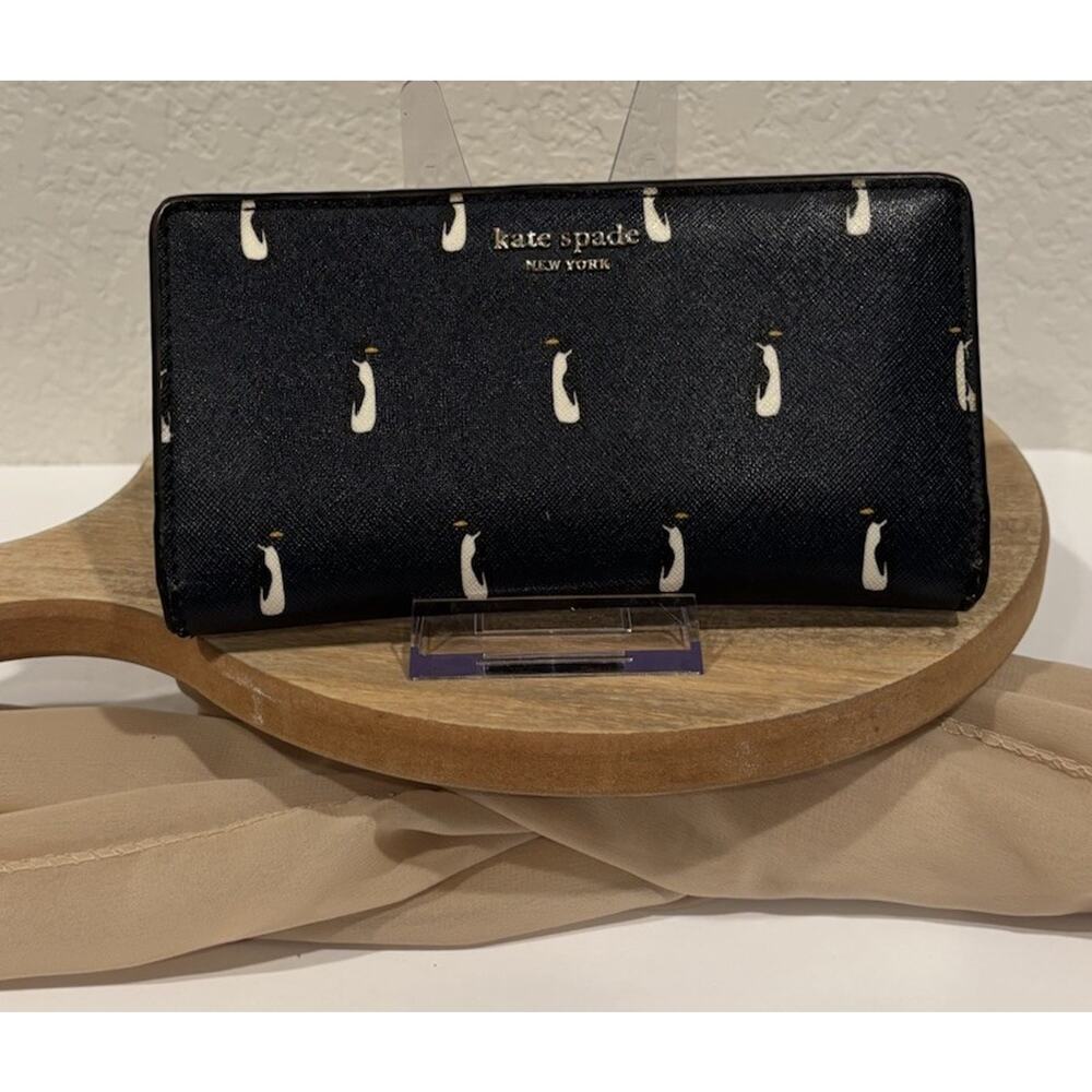 Kate Spade New York Black White Penguin Print Zip-Around Wallet for Women - Picture 9 of 16